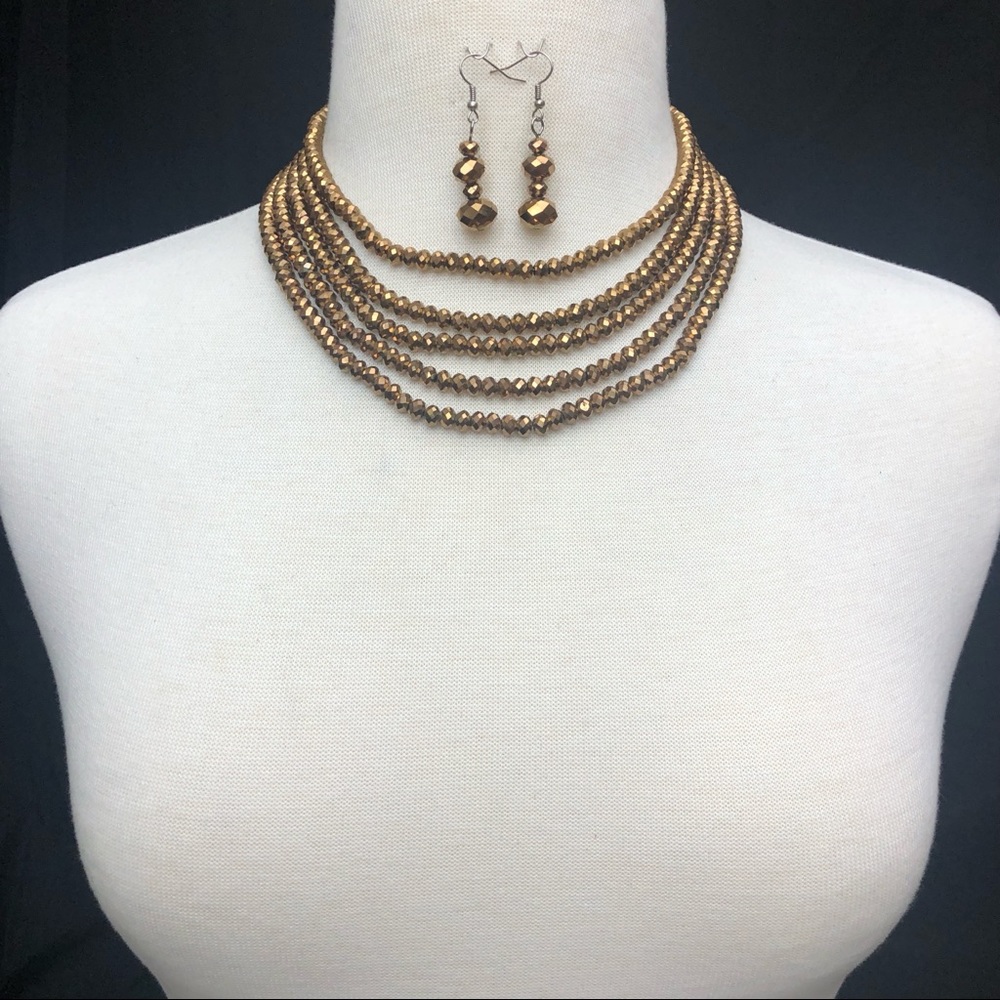 Brown Glass 5 Row Layered Bead Statement Necklace Dangle Earrings Set - Picture 5 of 5